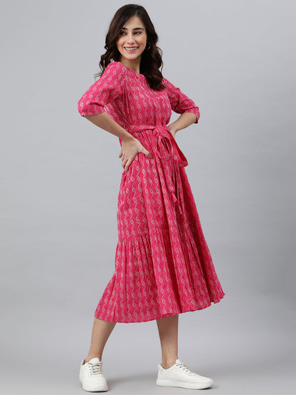 Pink Cotton Woven Design Tiered Western Dress Janasya