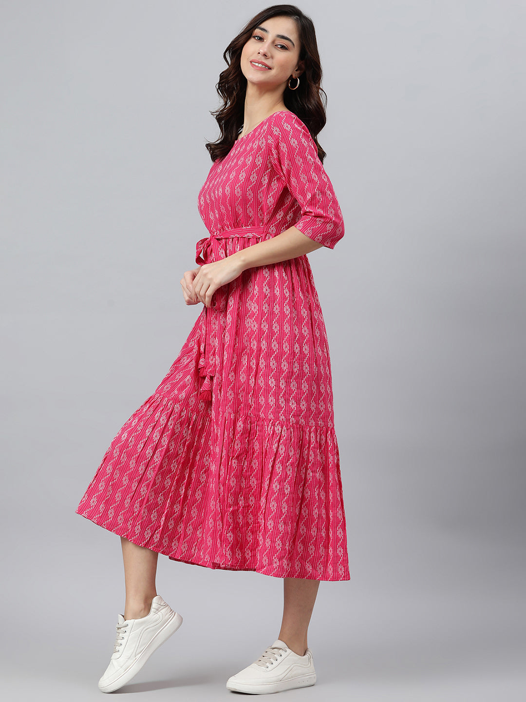 Pink Cotton Woven Design Tiered Western Dress Janasya