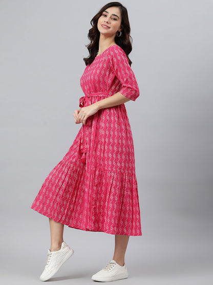 Pink Cotton Woven Design Tiered Western Dress Janasya