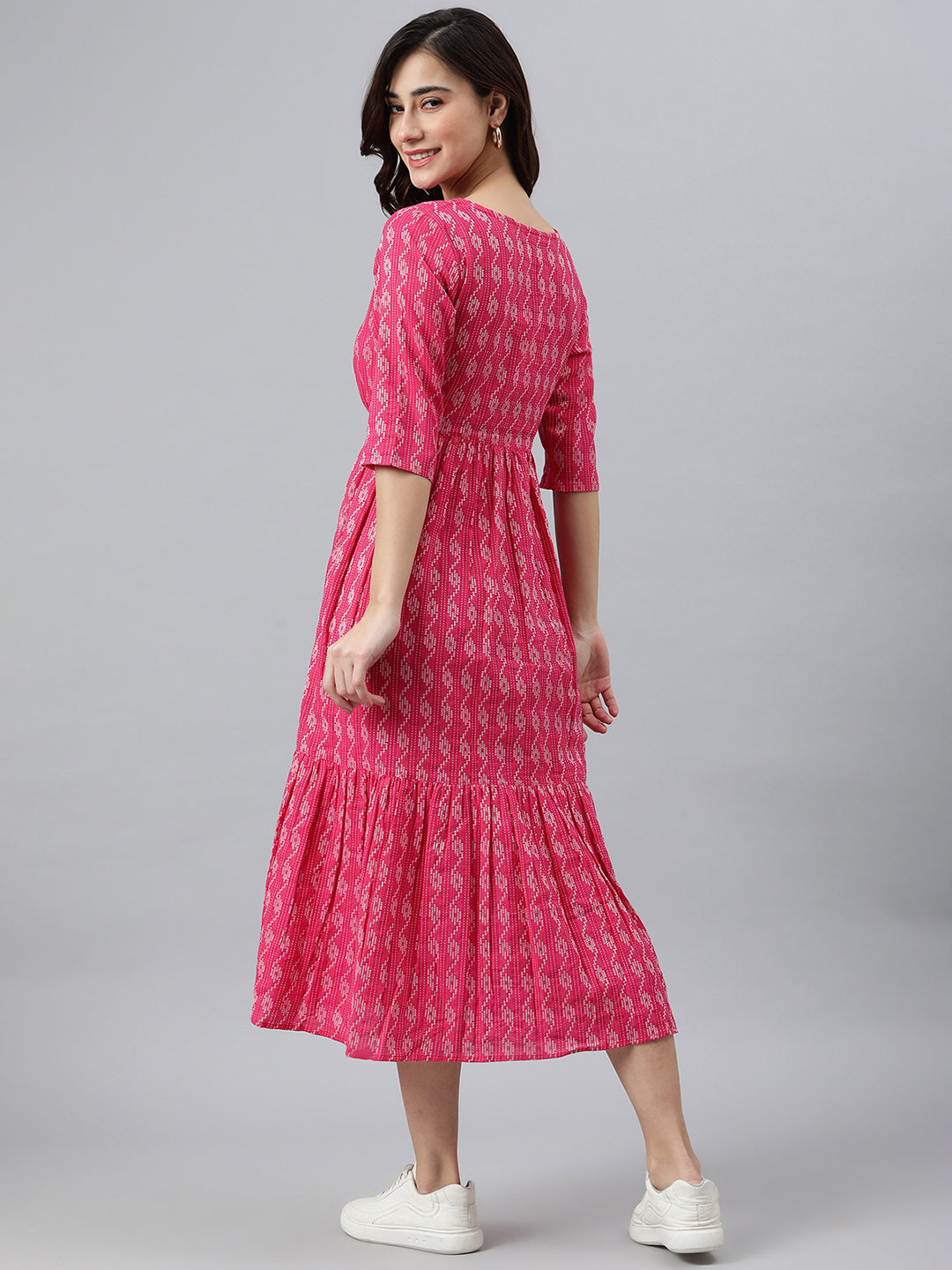 Pink Cotton Woven Design Tiered Western Dress Janasya