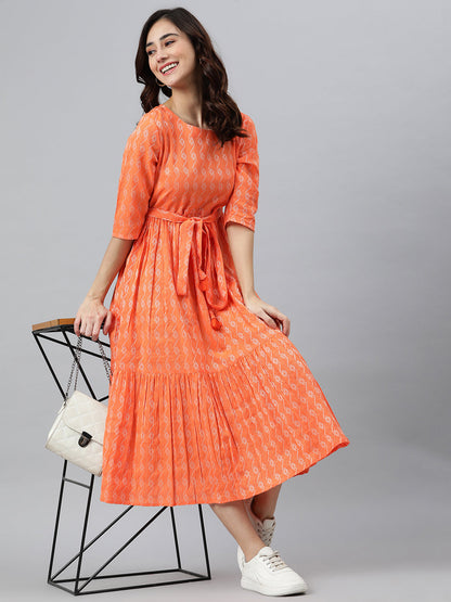 Orange Cotton Woven Design Tiered Western Dress Janasya