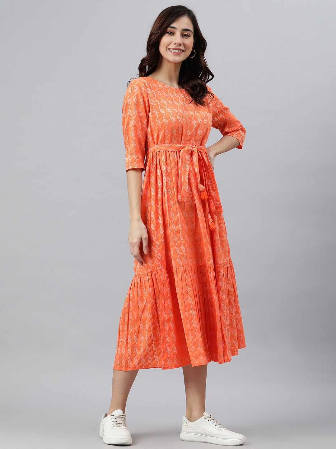 Orange Cotton Woven Design Tiered Western Dress Janasya
