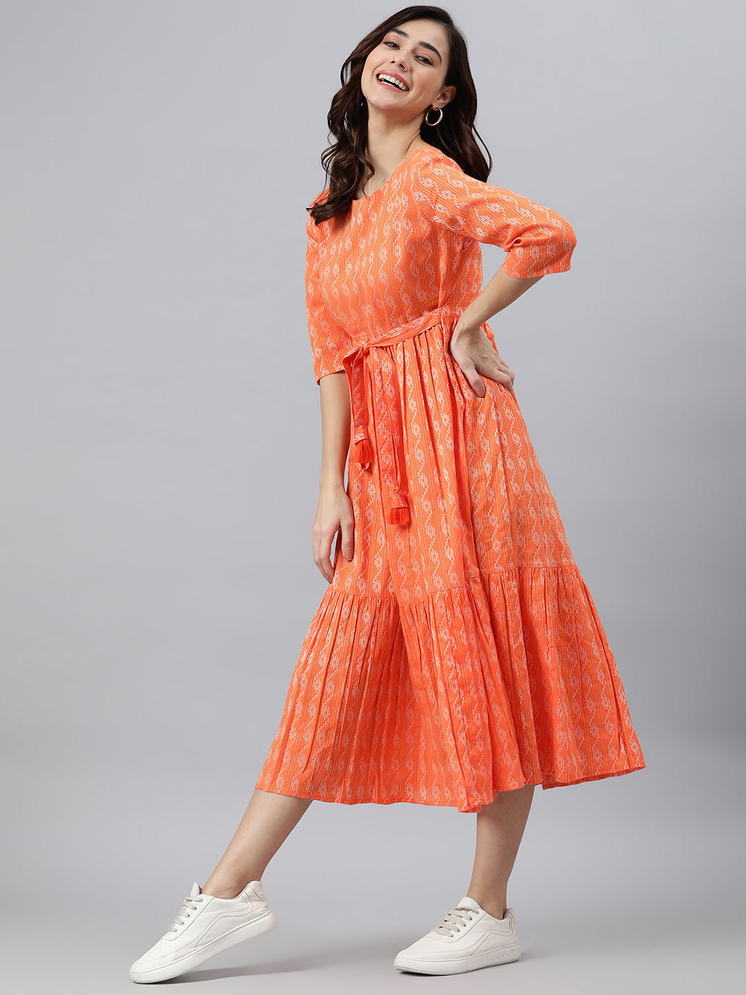 Orange Cotton Woven Design Tiered Western Dress Janasya