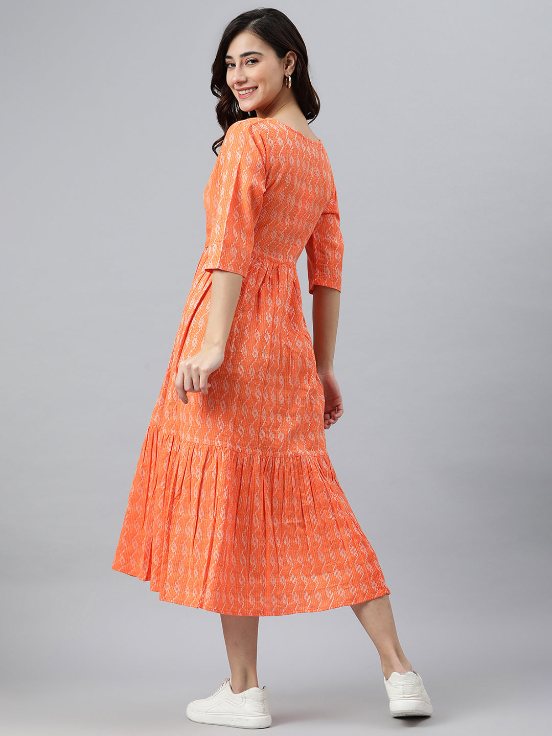 Orange Cotton Woven Design Tiered Western Dress Janasya