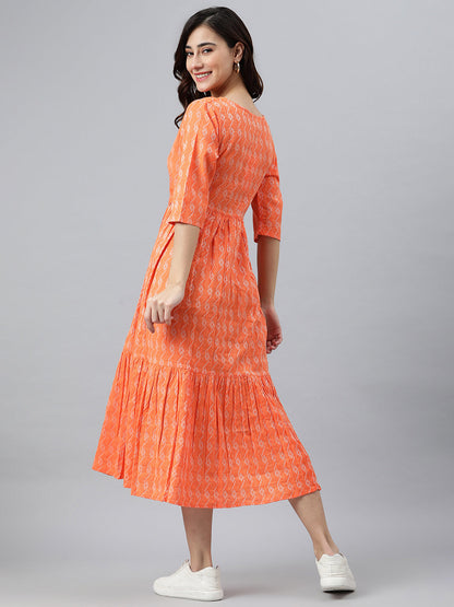 Orange Cotton Woven Design Tiered Western Dress Janasya