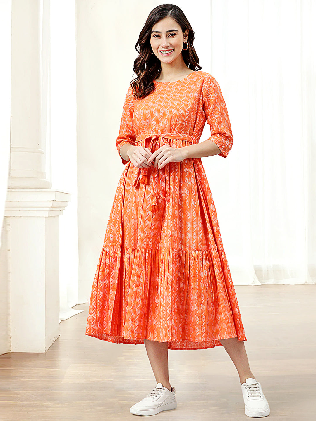 Orange Cotton Woven Design Tiered Western Dress Janasya