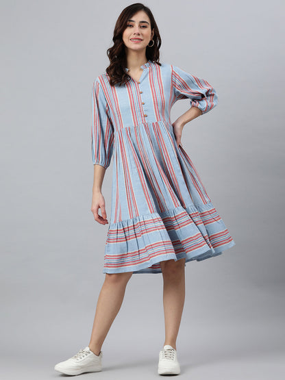 Sky Blue Cotton Blend Striped Flared Western Dress Janasya