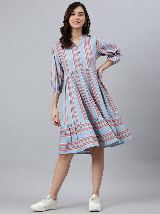 Sky Blue Cotton Blend Striped Flared Western Dress Janasya