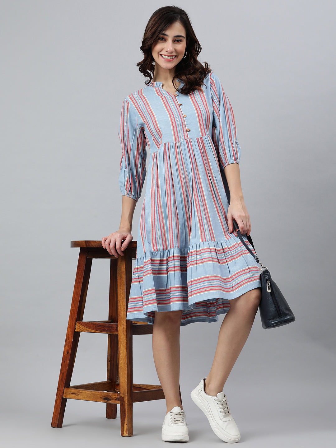 Sky Blue Cotton Blend Striped Flared Western Dress Janasya