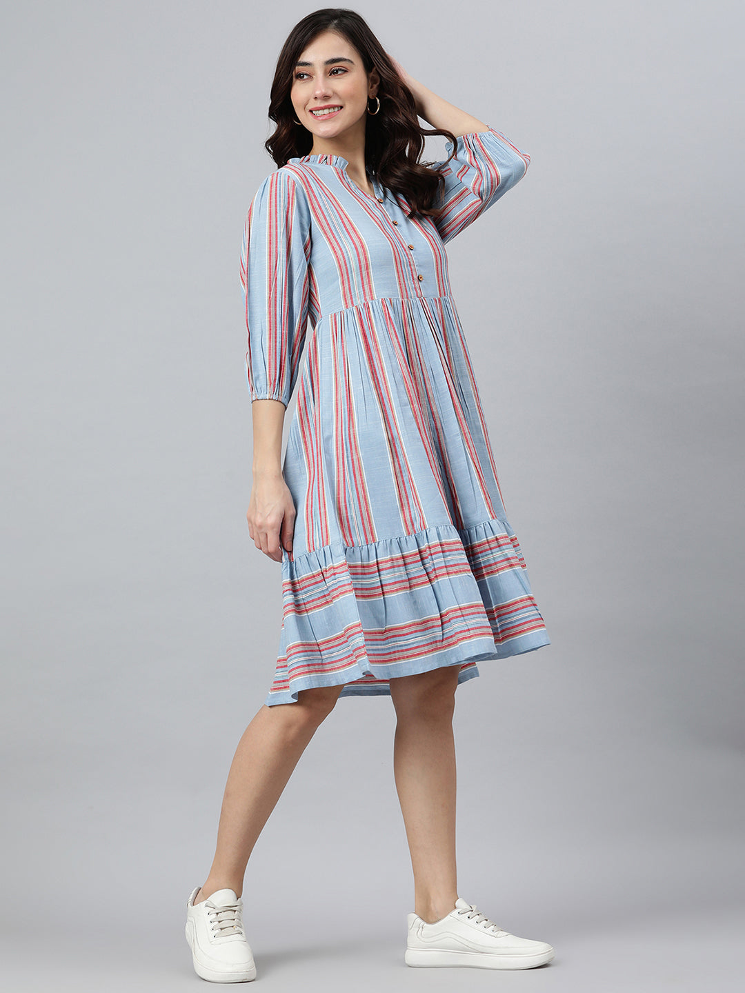 Sky Blue Cotton Blend Striped Flared Western Dress Janasya