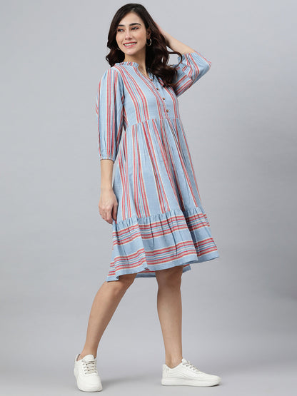 Sky Blue Cotton Blend Striped Flared Western Dress Janasya
