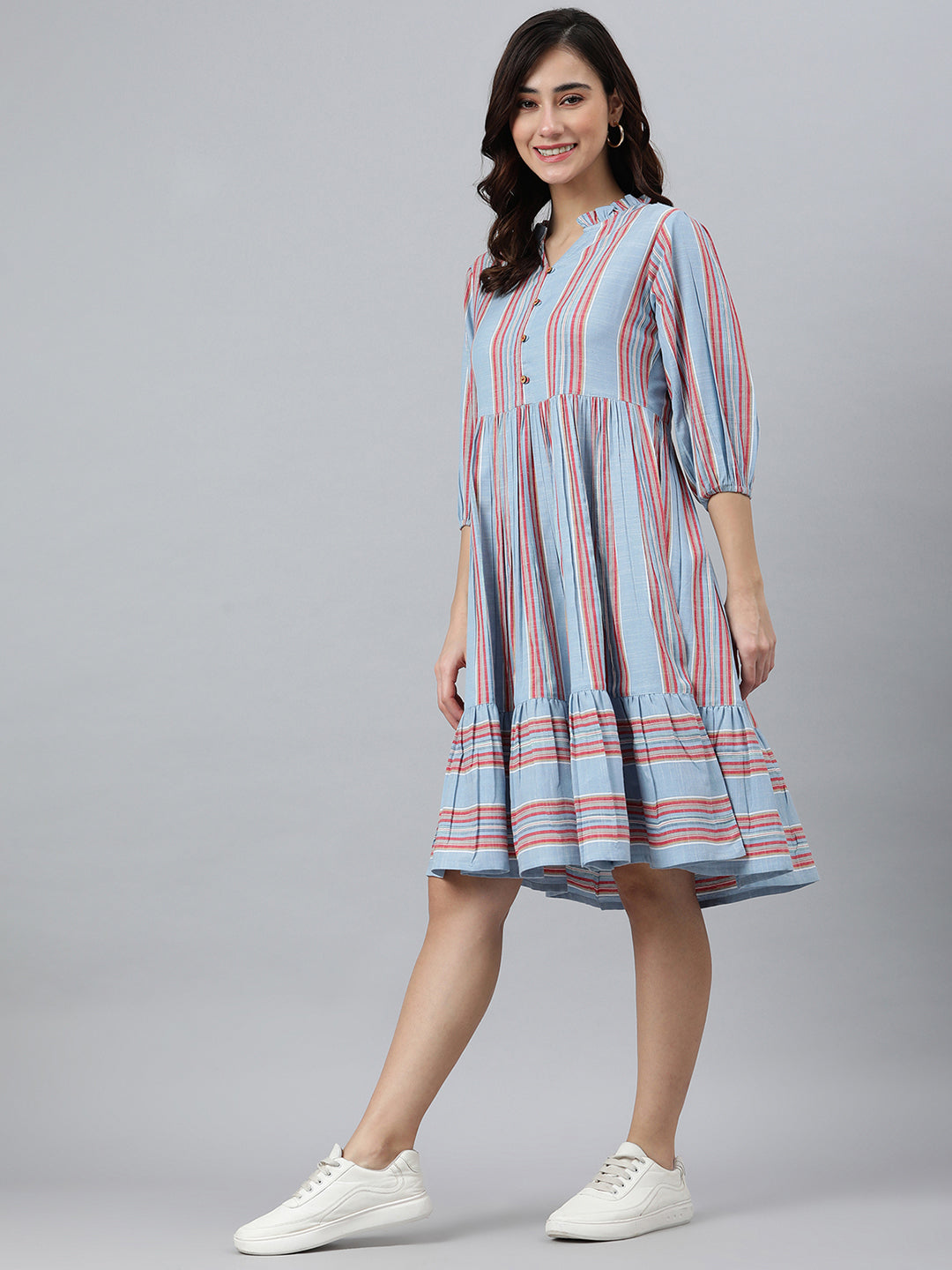 Sky Blue Cotton Blend Striped Flared Western Dress Janasya