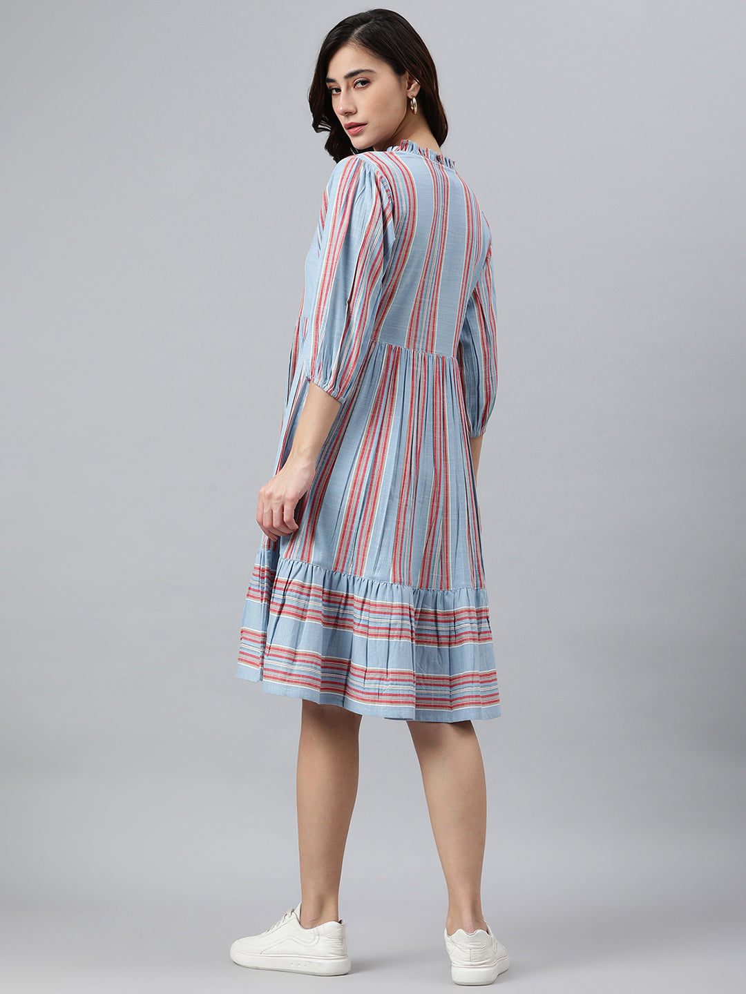 Sky Blue Cotton Blend Striped Flared Western Dress Janasya