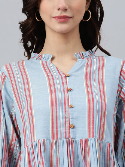 Sky Blue Cotton Blend Striped Flared Western Dress Janasya