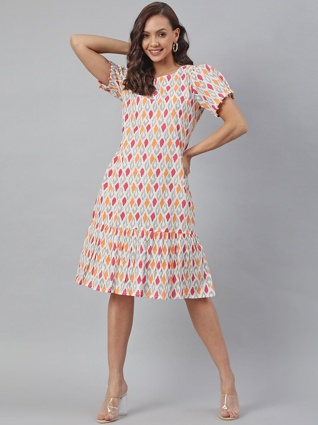 Off White Cotton Printed A-line Western Dress Janasya