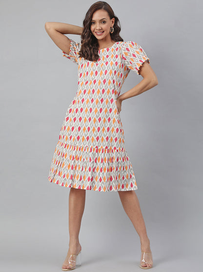 Off White Cotton Printed A-line Western Dress Janasya