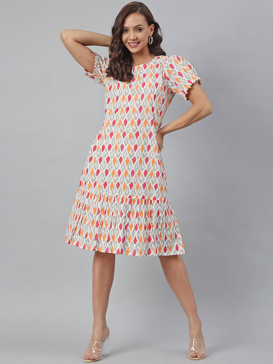 Off White Cotton Printed A-line Western Dress Janasya
