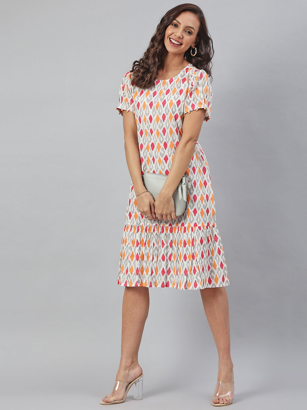 Off White Cotton Printed A-line Western Dress Janasya