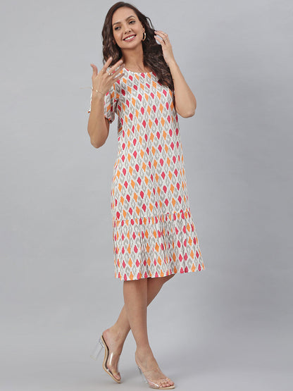 Off White Cotton Printed A-line Western Dress Janasya