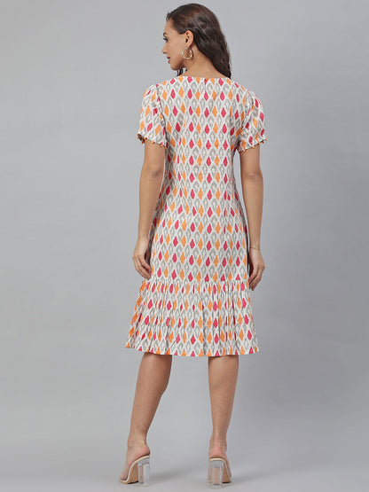 Off White Cotton Printed A-line Western Dress Janasya
