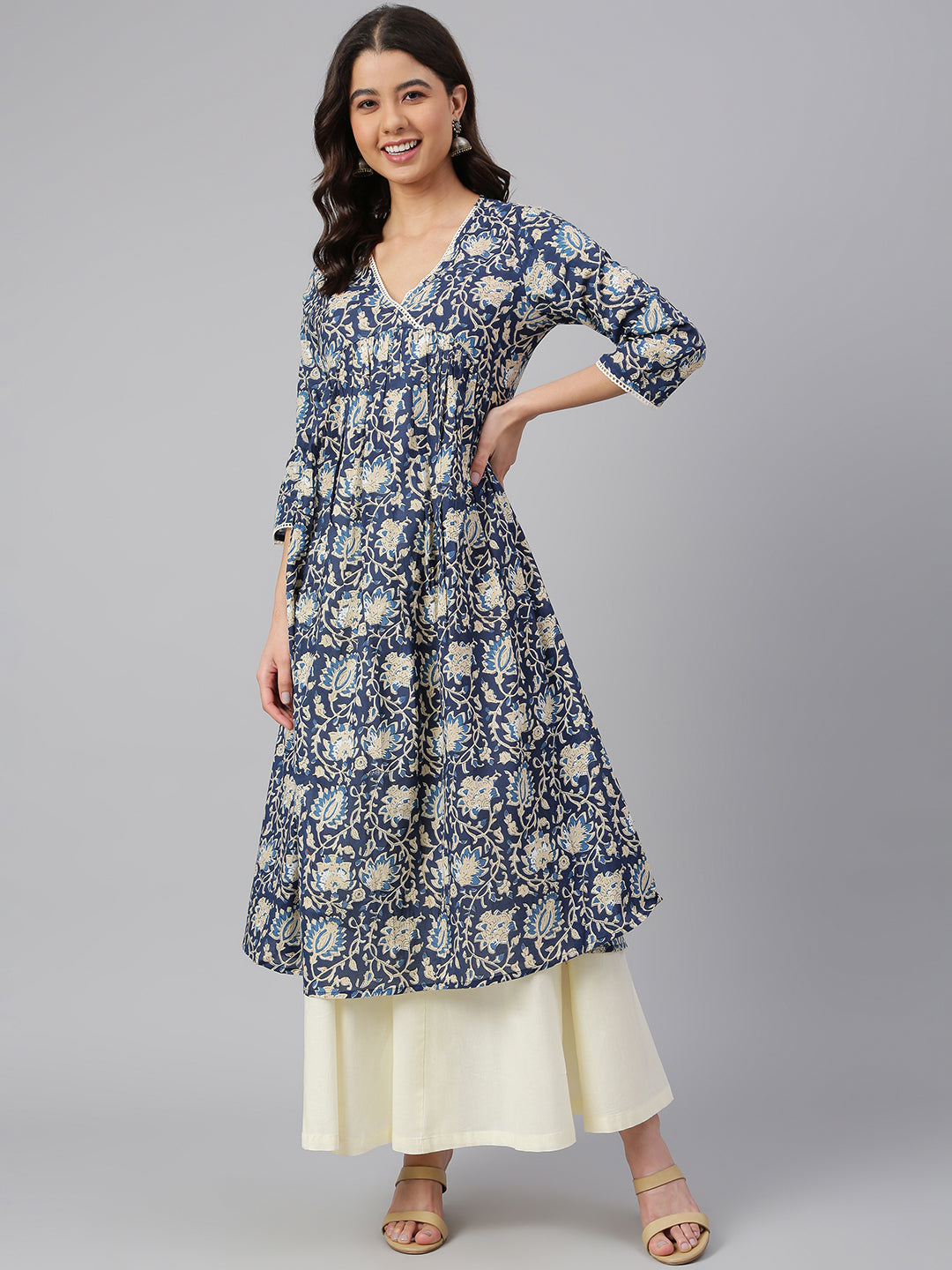 Navy Blue Cotton Floral Print Flared Kurta Janasya