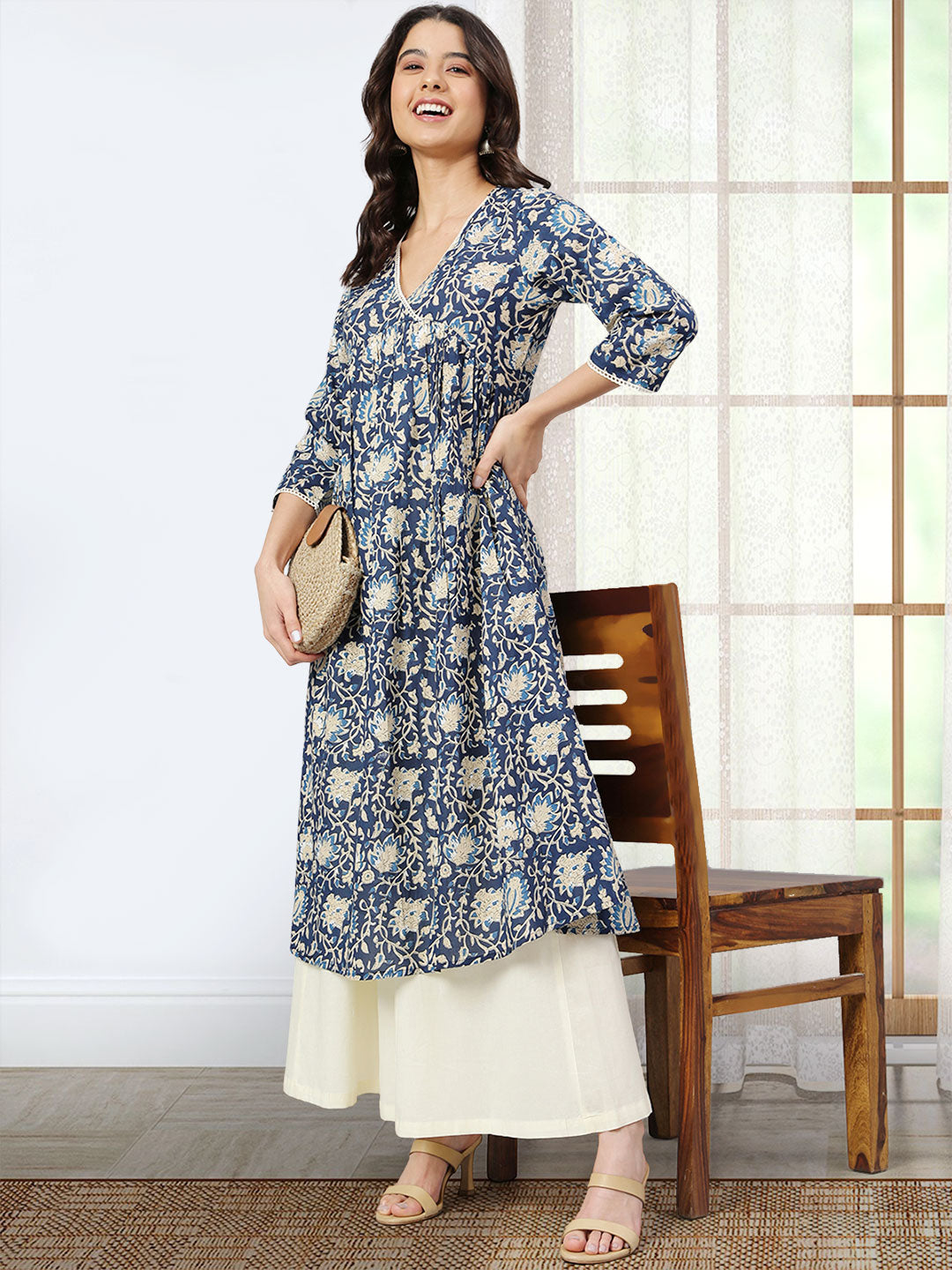 Navy Blue Cotton Floral Print Flared Kurta Janasya
