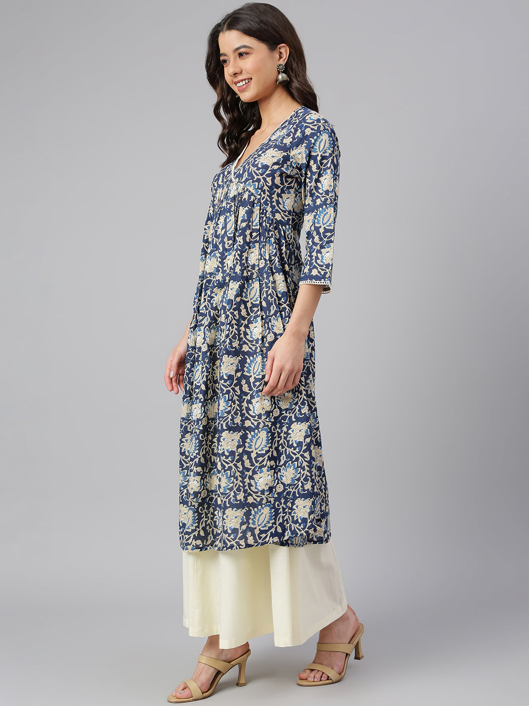 Navy Blue Cotton Floral Print Flared Kurta Janasya