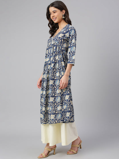 Navy Blue Cotton Floral Print Flared Kurta Janasya