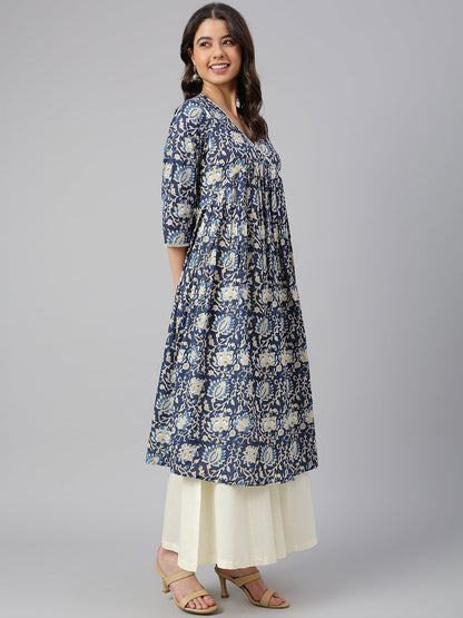 Navy Blue Cotton Floral Print Flared Kurta Janasya