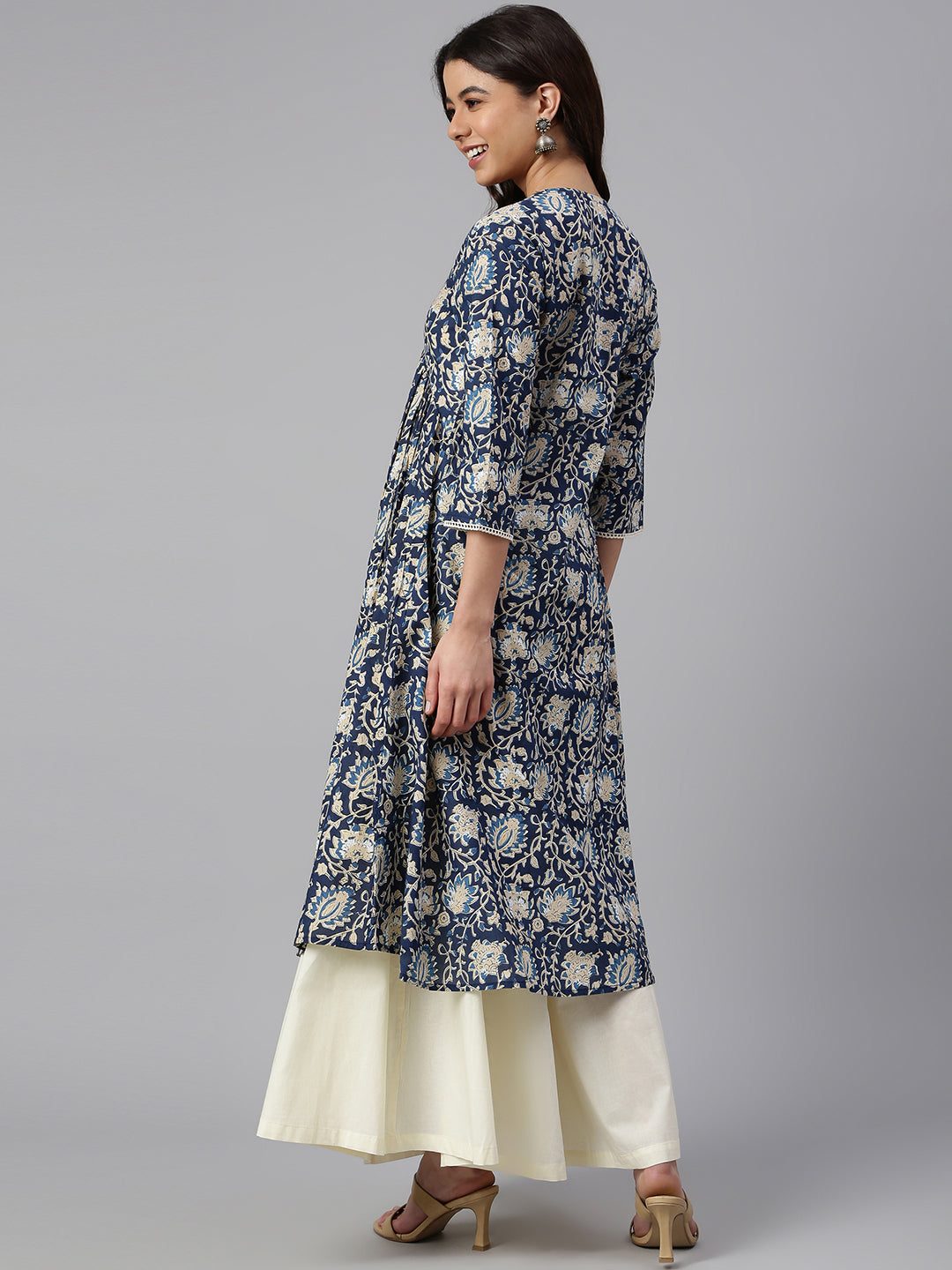 Navy Blue Cotton Floral Print Flared Kurta Janasya