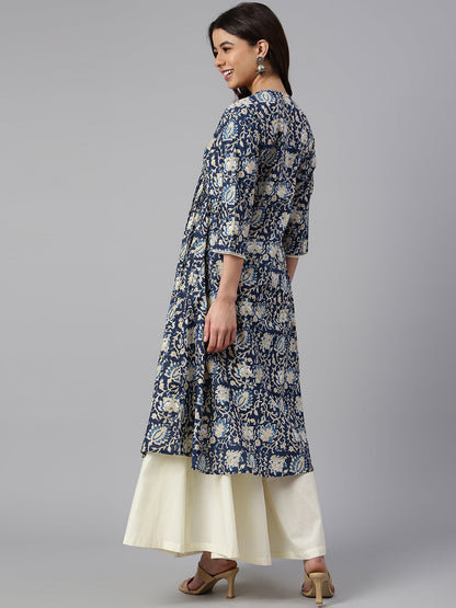 Navy Blue Cotton Floral Print Flared Kurta Janasya