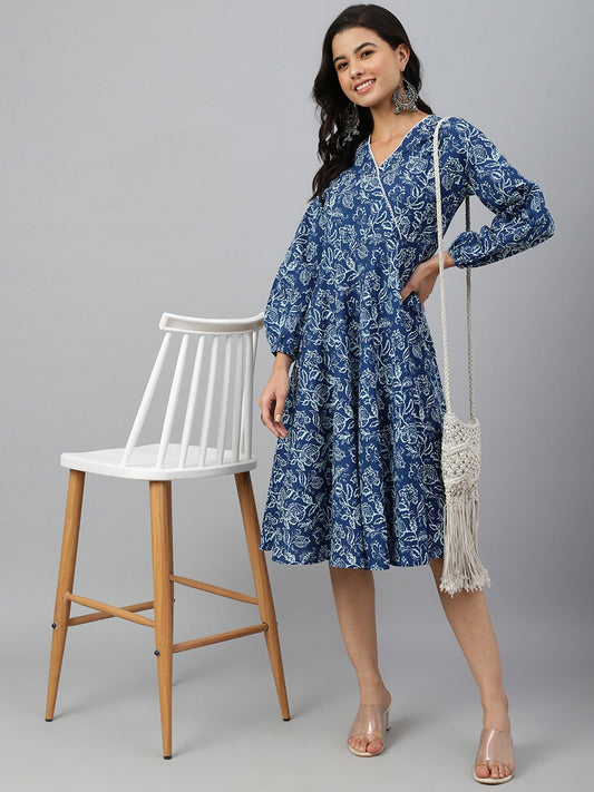Navy Blue Cotton Floral Print Angrakha Western Dress Janasya