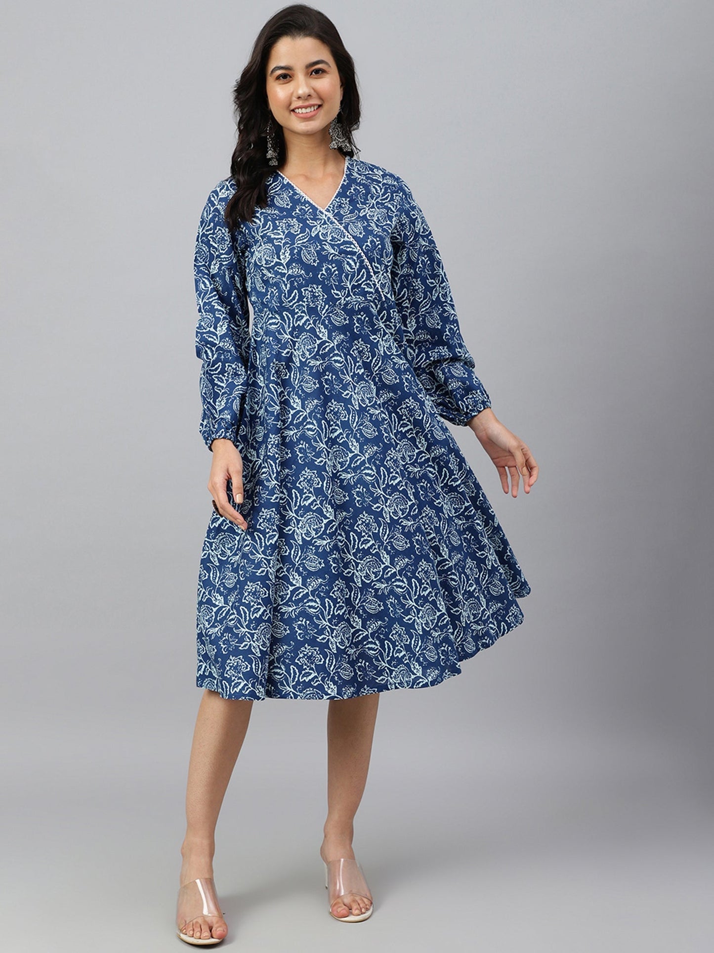 Navy Blue Cotton Floral Print Angrakha Western Dress Janasya