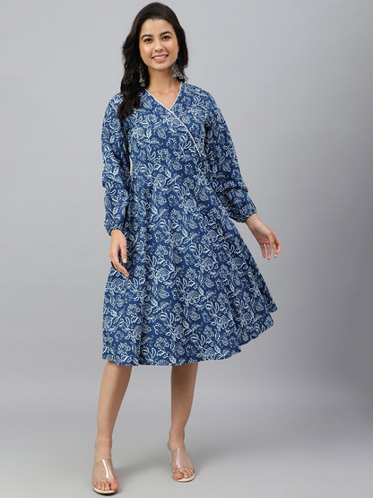 Navy Blue Cotton Floral Print Angrakha Western Dress Janasya
