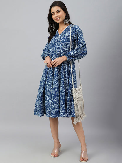 Navy Blue Cotton Floral Print Angrakha Western Dress Janasya