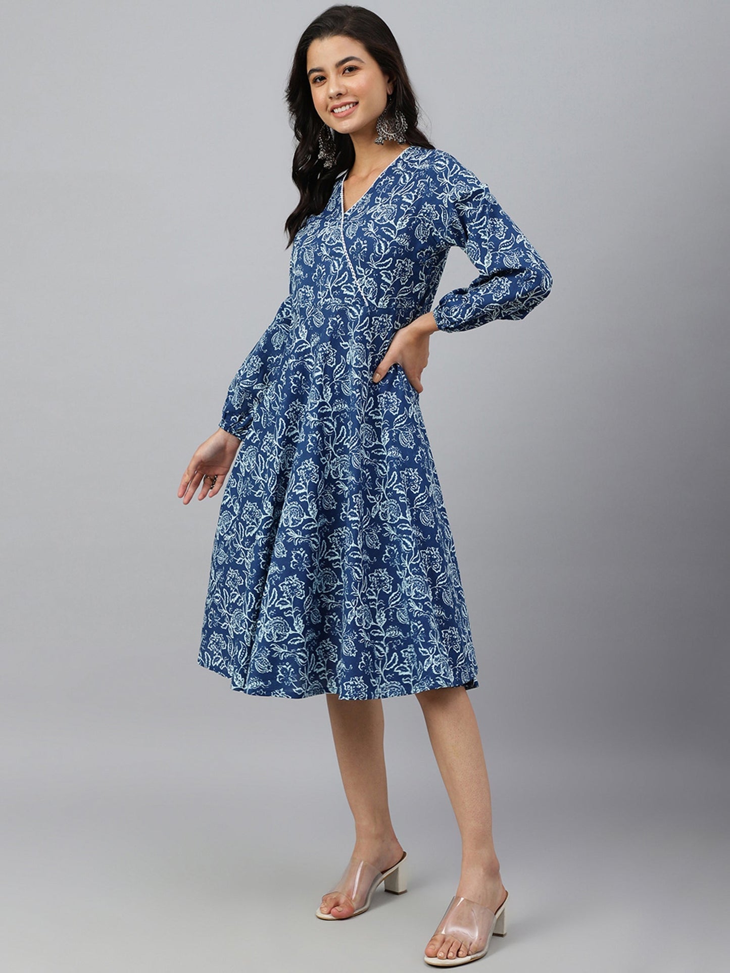 Navy Blue Cotton Floral Print Angrakha Western Dress Janasya