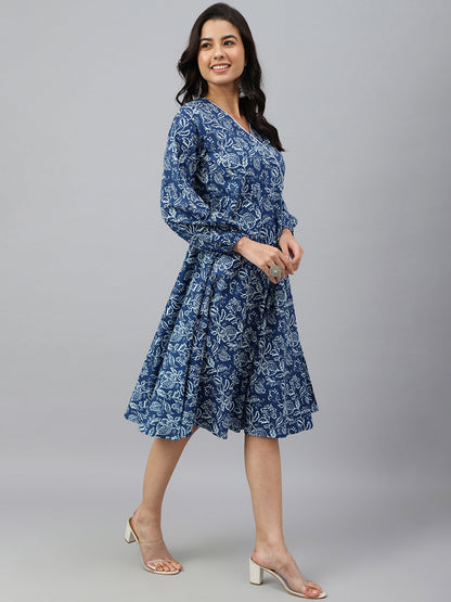 Navy Blue Cotton Floral Print Angrakha Western Dress Janasya