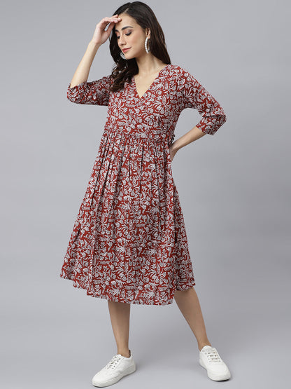 Maroon Cotton Floral Print Angrakha Western Dress Janasya Gold