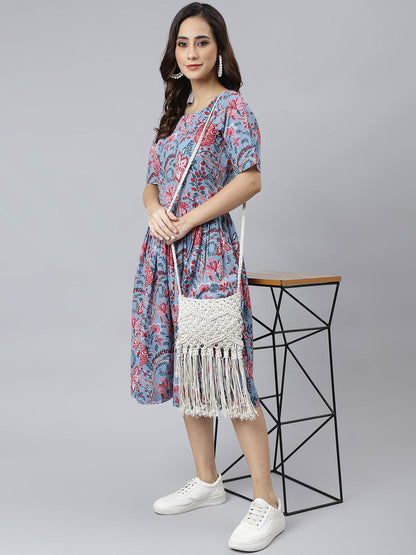 Blue Cotton Floral Print Flared Western Dress Janasya Gold