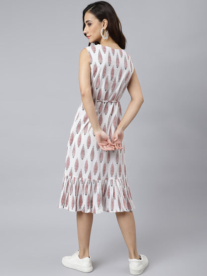 White Cotton Ethnic Motifs Flared Western Dress Janasya Gold