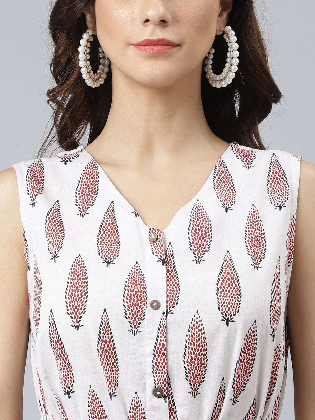 White Cotton Ethnic Motifs Flared Western Dress Janasya Gold