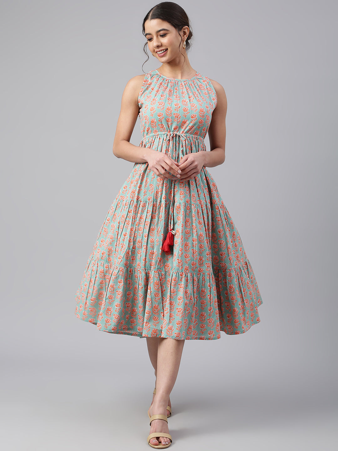 Mint Green Cotton Floral Block Print Tiered Western Dress Janasya Gold