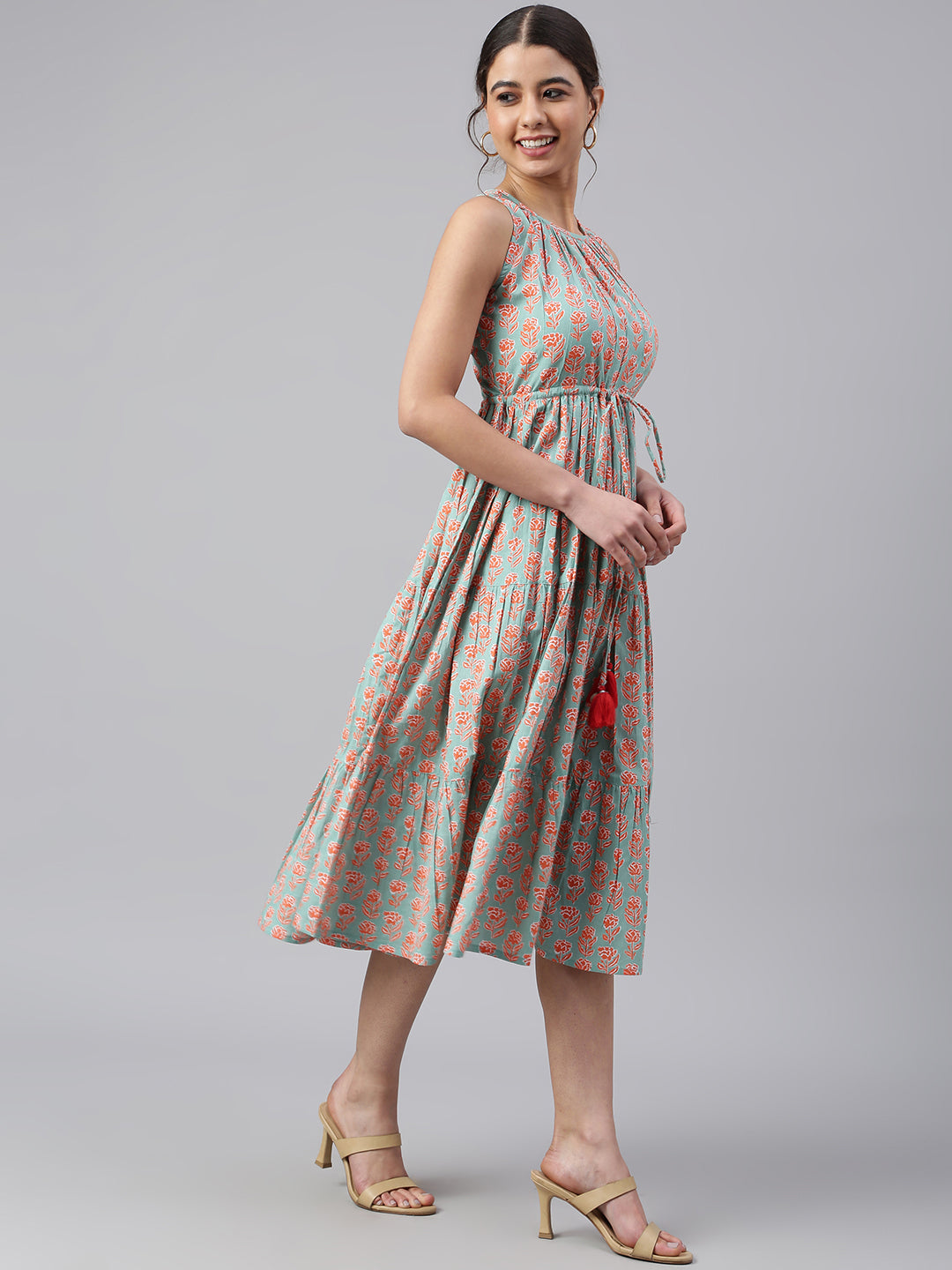 Mint Green Cotton Floral Block Print Tiered Western Dress Janasya Gold