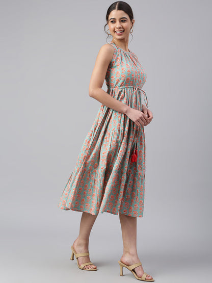 Mint Green Cotton Floral Block Print Tiered Western Dress Janasya Gold