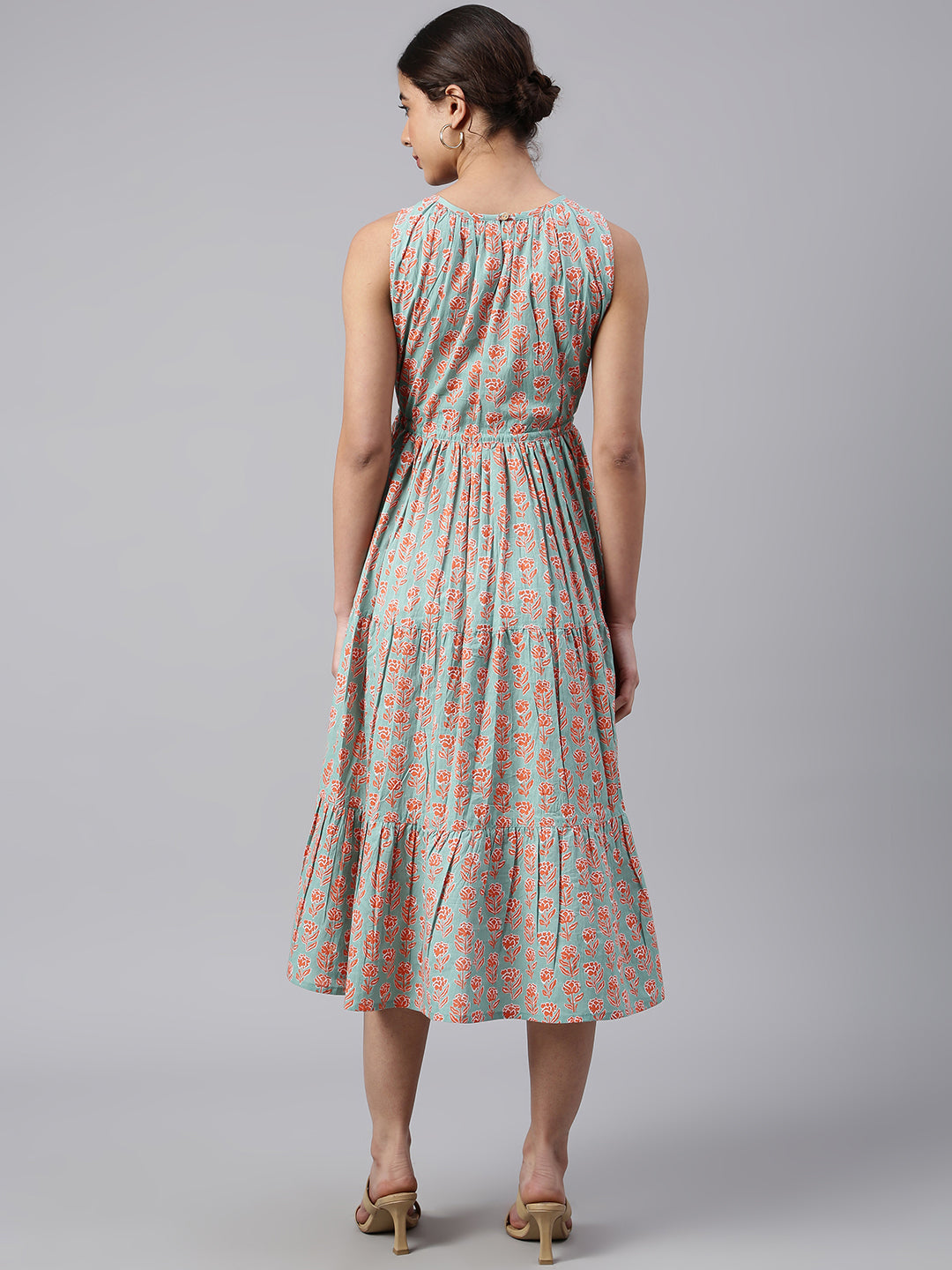 Mint Green Cotton Floral Block Print Tiered Western Dress Janasya Gold