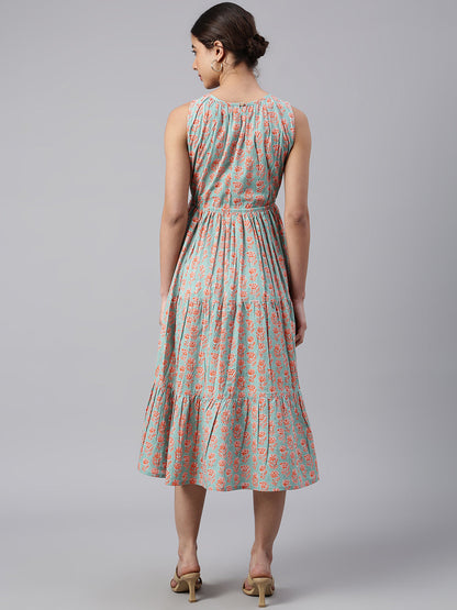 Mint Green Cotton Floral Block Print Tiered Western Dress Janasya Gold