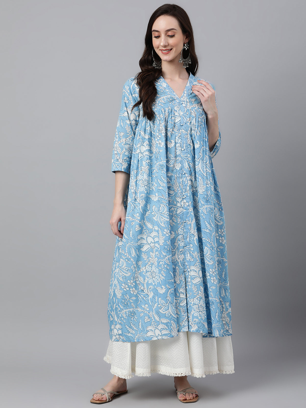 Sky Blue Cotton Floral Print Flared Kurta Janasya
