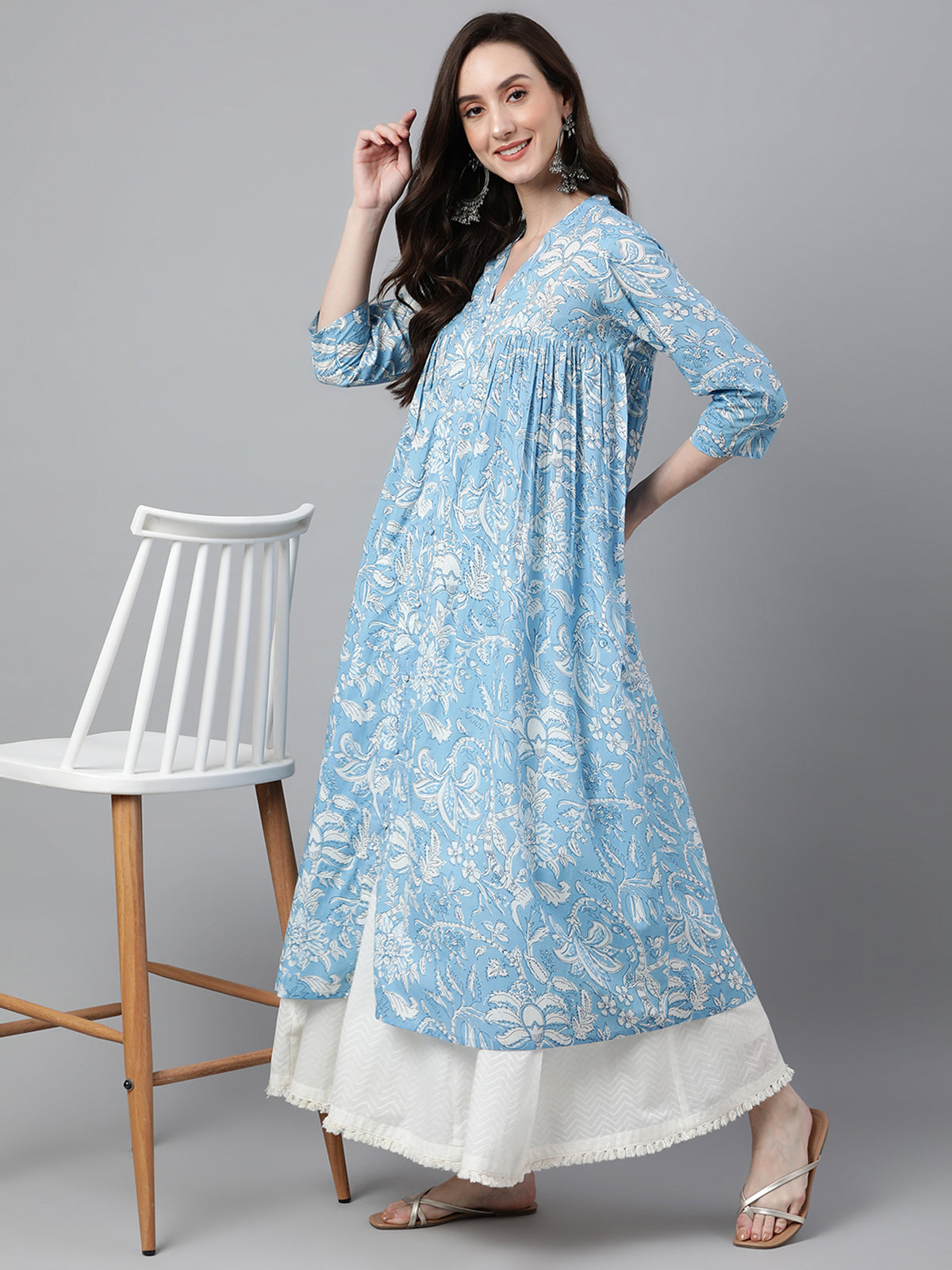 Sky Blue Cotton Floral Print Flared Kurta Janasya