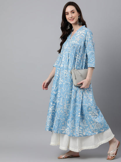 Sky Blue Cotton Floral Print Flared Kurta Janasya