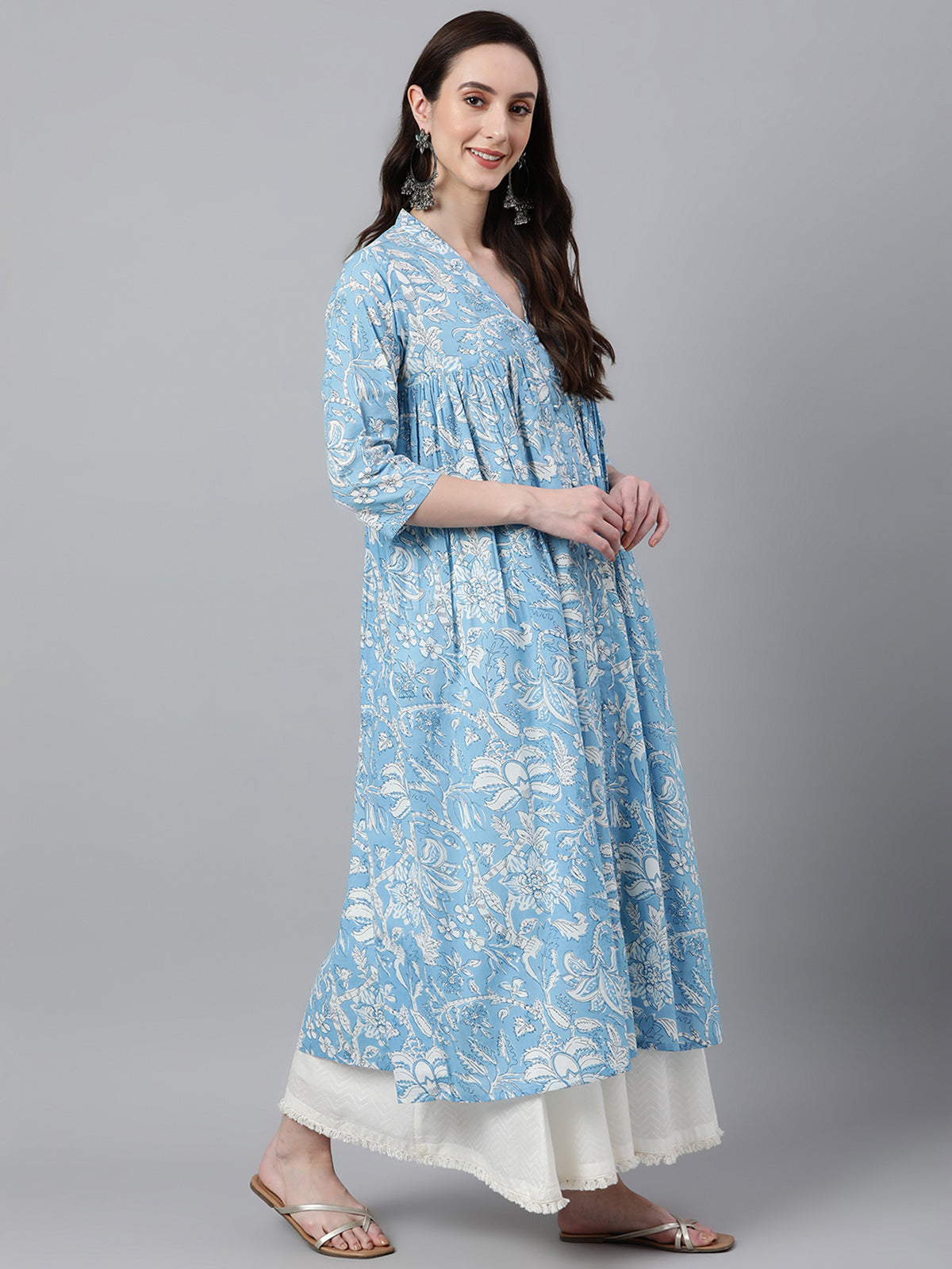 Sky Blue Cotton Floral Print Flared Kurta Janasya